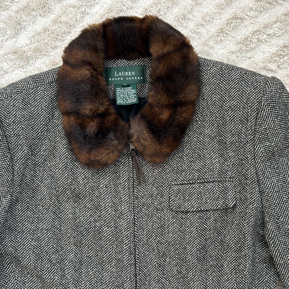 Lauren Ralph Lauren Gray Herringbone Coat with Brown Faux Fur Collar